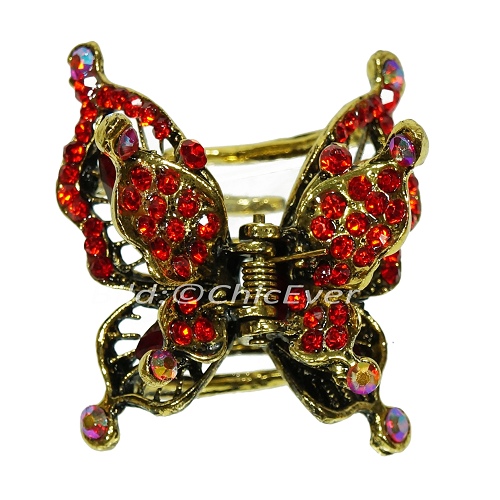 Haargreifer Schmetterling Vintage Haarkneifer Haarklammer Metall & Strass rot gold 5120e - zum Schließen ins Bild klicken